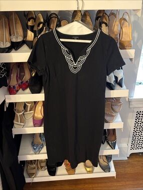 Talbots Black Short-Sleeve Shift Dress with White Embroidered Neck